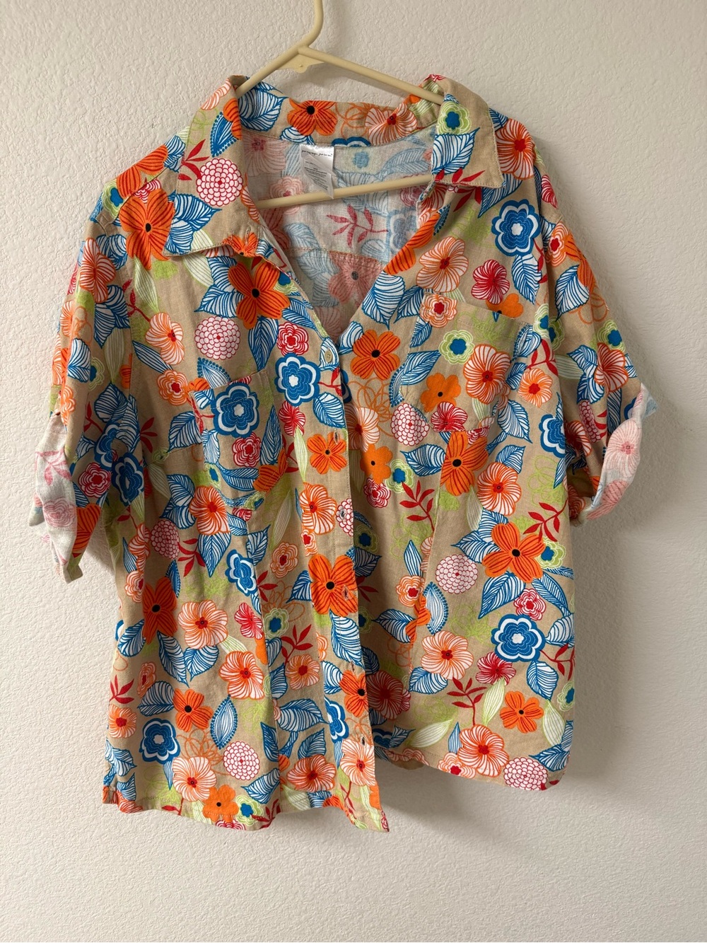 Just My Size Cream Floral Top with Orange & Blue Accents